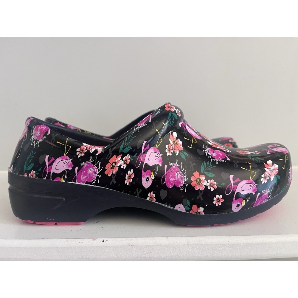 New! Anywear Clogs Floral Flamingo Womens 10 Mens 8 Nurse Black Pink Shoes O1